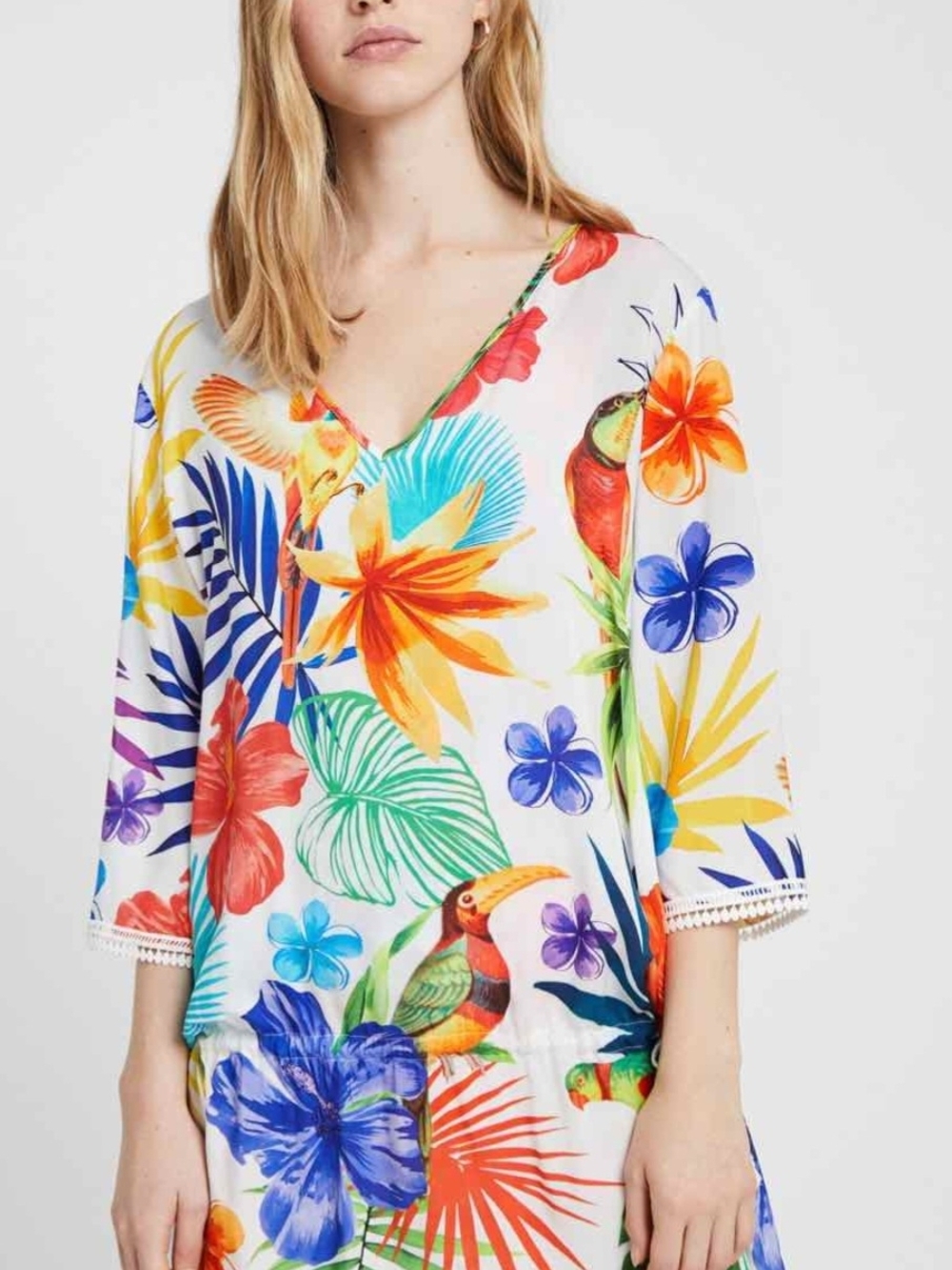 Desigual White Floral Tropical Swim Coverup with Multicolor Print